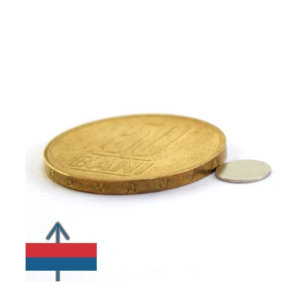 Magnet neodim disc 07 x 0.4 mm cu moneda de 50 bani și magnetizare lipit
