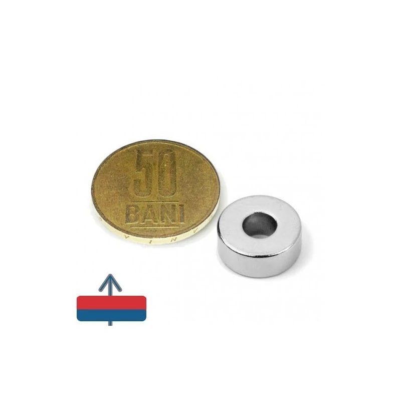 Magnet neodim inel 15 x 06 x 06 mm  cu magnetizare și moneda de 50 bani