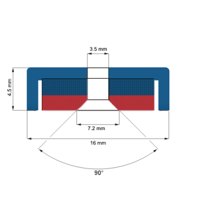 Magnet neodim oală D 16 mm cu gaură și șanfren schema