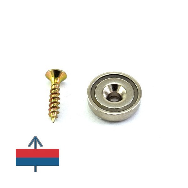 Magnet neodim oală D 16 mm cu gaură și șanfren cu șurub alăturat