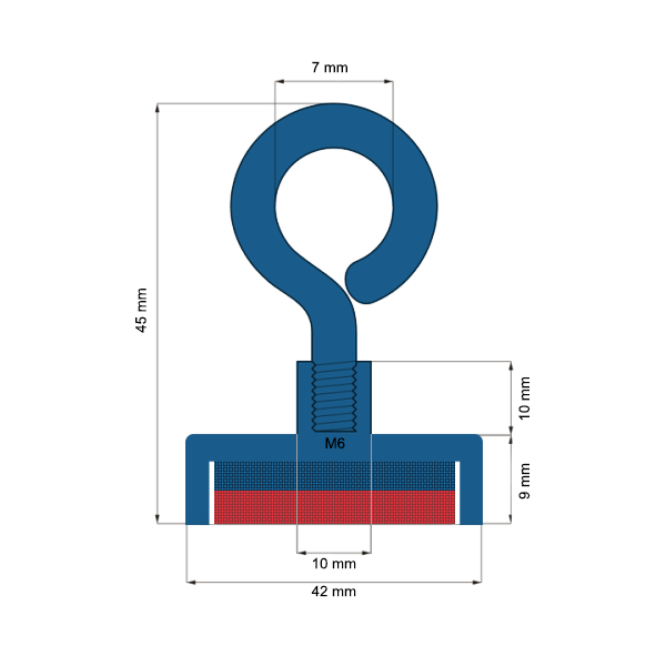 Magnet neodim oală D 42 mm cârlig inelar schema