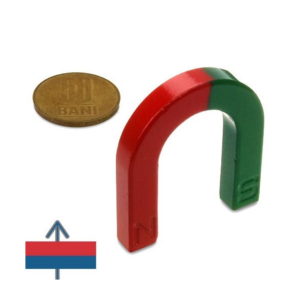 Феритна подкова 42 x 38 x 7 mm червена / зелена за експерименти – с монета от 50 стотинки