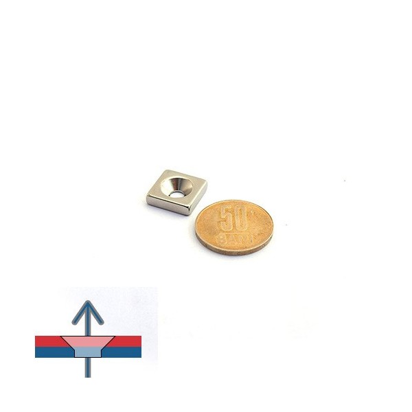 Неодимов магнит блок 15 x 15 x 4 мм с потопена дупка D4,5 D9,6 - N35 с пропорционално намагнитване