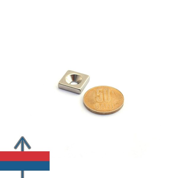 Magnet neodim bloc 15 x 15 x 4 mm cu gaura îngropată D4,5 D9,6 - N35 cu magnetizare