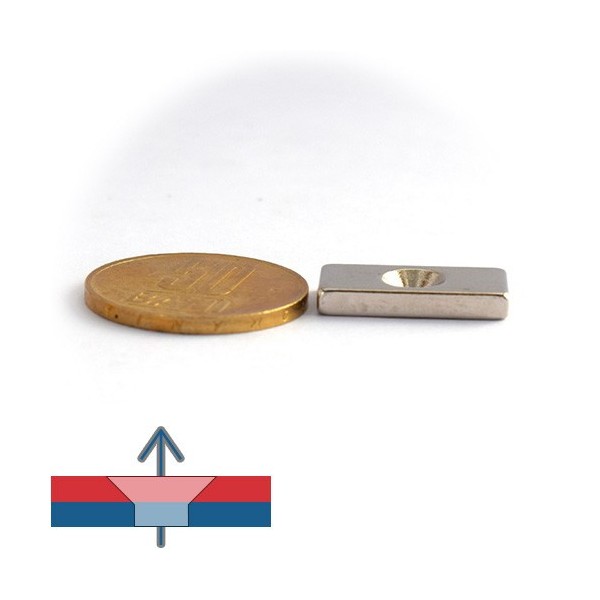 Неодимов магнит блок 20 x 10 x 5 мм с потопена дупка D4,5 D9,46 - N42 с намагнитване