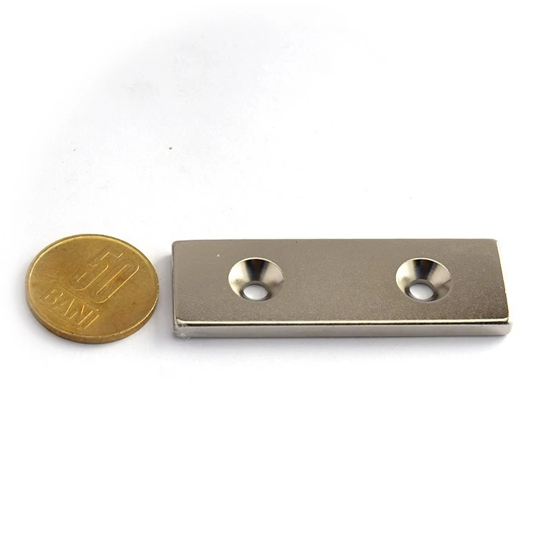 Magnet neodim bloc 60 x 20 x 4 mm cu gauri ingropate D4,5 D9,46 - N35 moneda