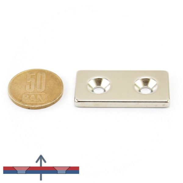 Magnet neodim bloc 40 x 20 x 4 mm cu gauri ingropate D4,5 / D9,6 - N35 cu magnetizare
