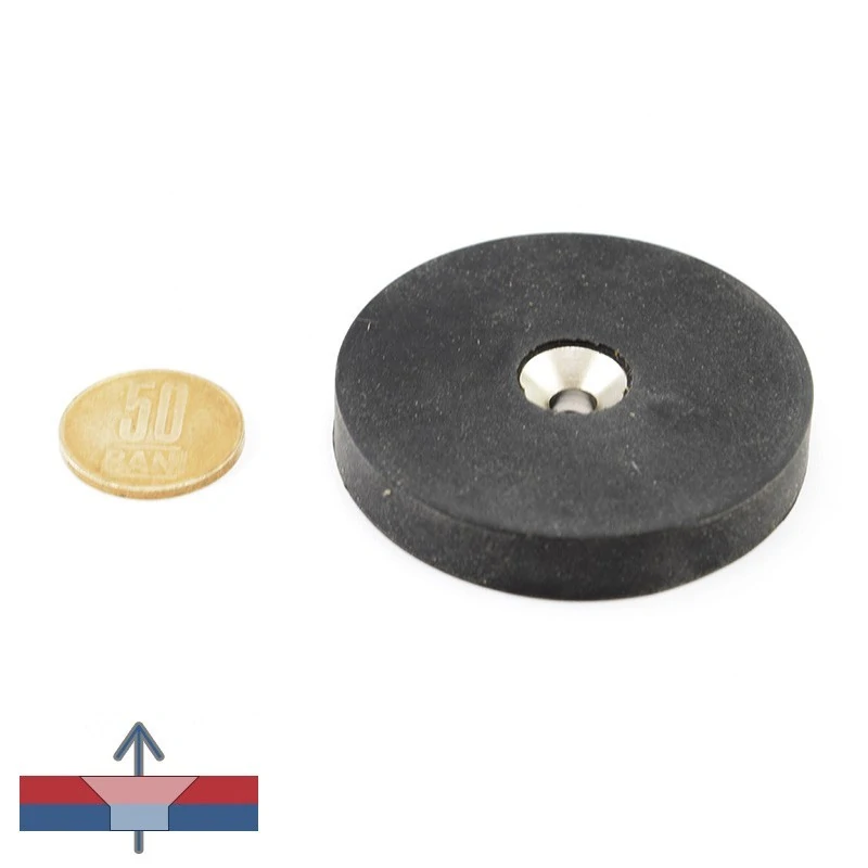 Magnet neodim disc 60 x 10 mm cu gaura ingropata D6 / D12 mm cauciucat cu magnetizare