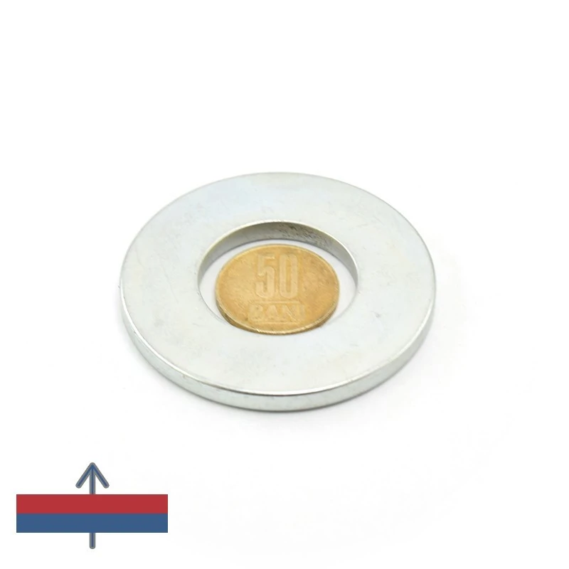 Magnet neodim inel 60 x 30 x 5 mm cu magnetizare și moneda de 50 bani în interior