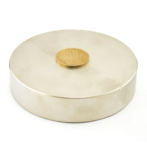 Magnet neodim disc 90 x 20 mm cu moneda de 50 bani
