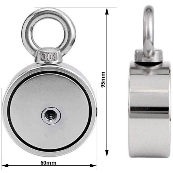 Magnet neodim oală D 60 mm cu două cârlige inelare și două fețe 2 x 140 kg - dimensiuni