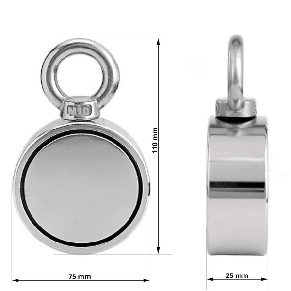 Magnet neodim oală D 75 mm cu două cârlige inelare și două fețe x 250 kg - magnet fishing - cu dimensiuni