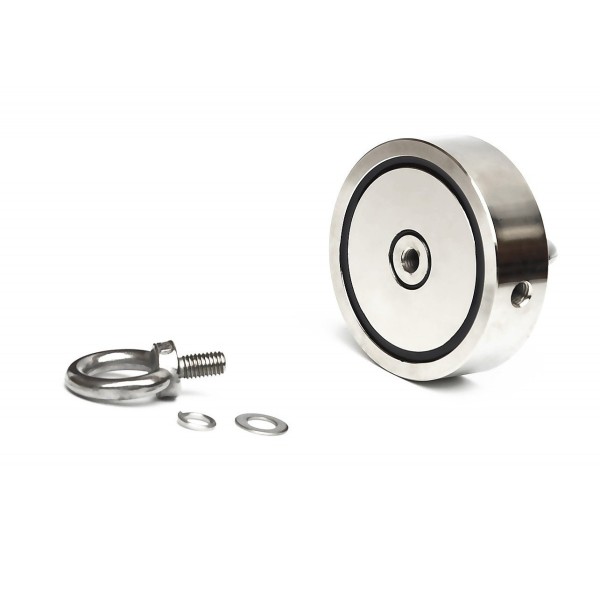 Неодимов магнит тенджера Ø94 мм с две пръстеновидни куки и две страни x 300 кг - магнитен риболов - компоненти