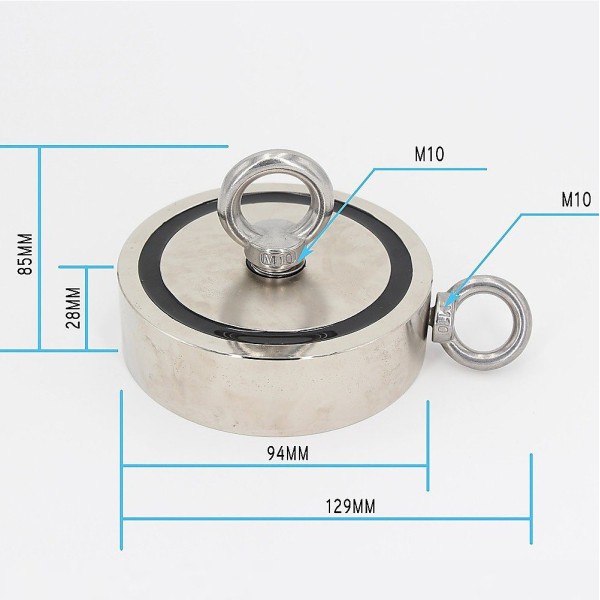 Неодимов магнит тенджера Ø94 мм с две пръстеновидни куки и две страни x 300 кг - магнитен риболов с размери