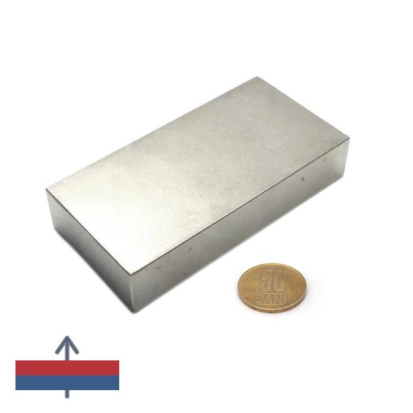 Magnet neodim bloc 100 x 50 x 20 cu magnetizare si moneda de 50 bani