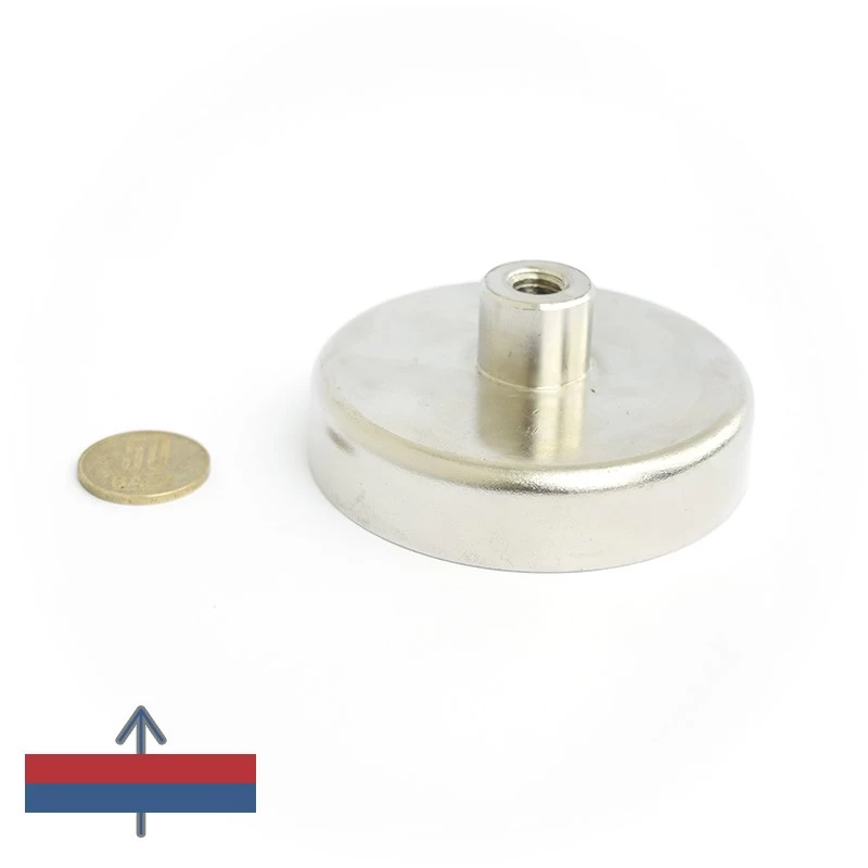 Magnet ferită oală D 80 mm cu gât filetat la interior magnetizare și moneda de 50 bani