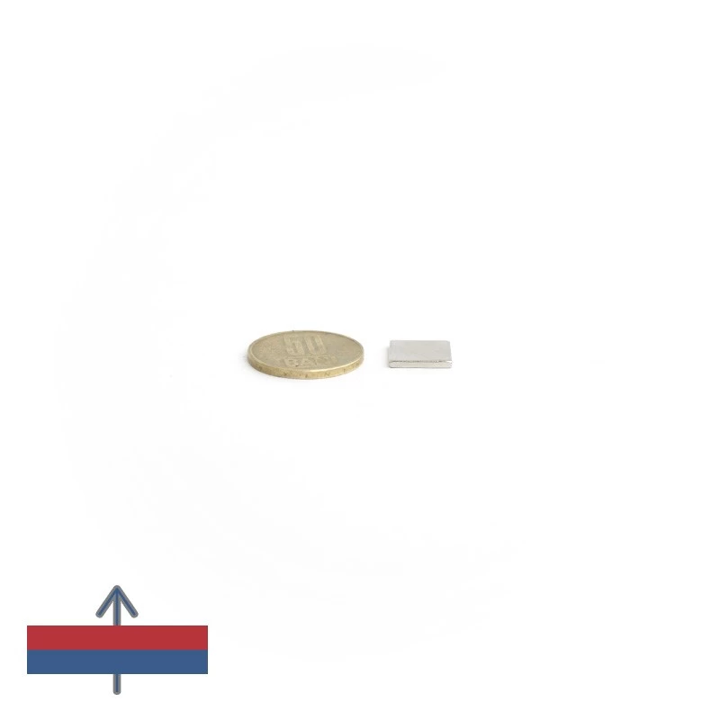 Magnet neodim bloc 12,7 x 12,7 x 1,58 mm cu magnetizare și moneda de 50 bani