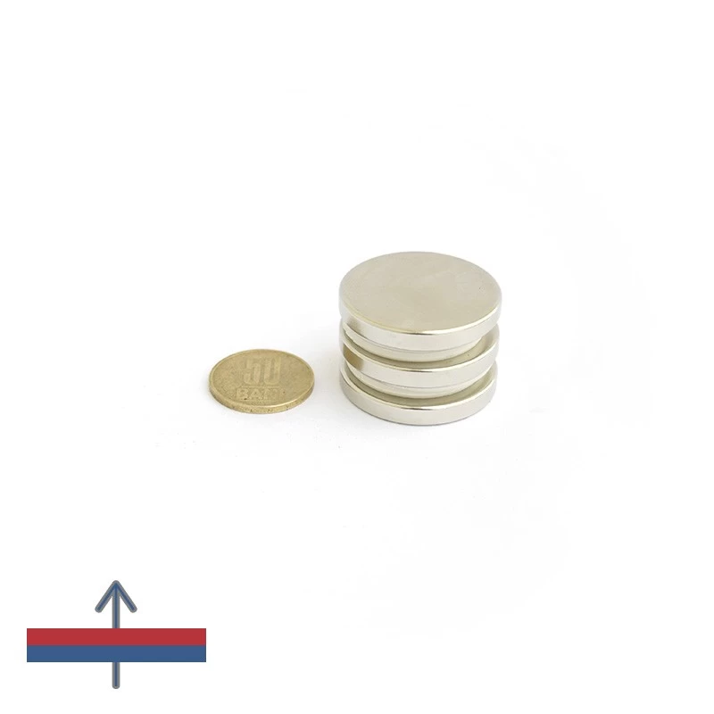 Magnet neodim disc 30 x 7 mm grup cu magnetizare și moneda de 50 bani