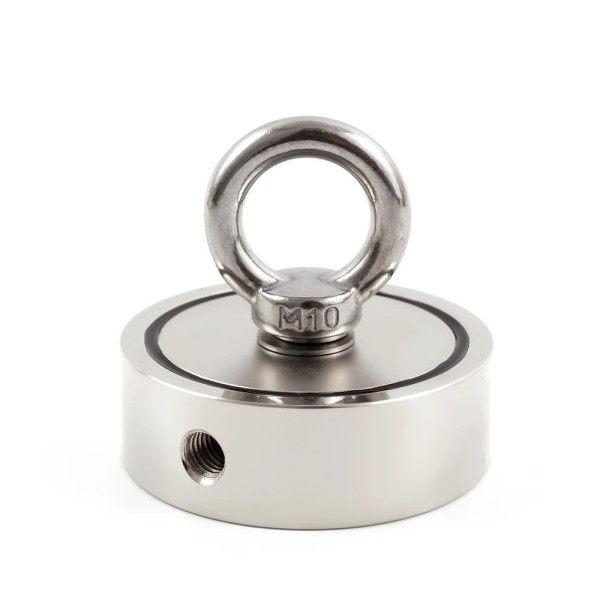 Magnet neodim oală D 75 mm cu două cârlige inelare și două fețe x 160 kg - magnet fishing - puternic