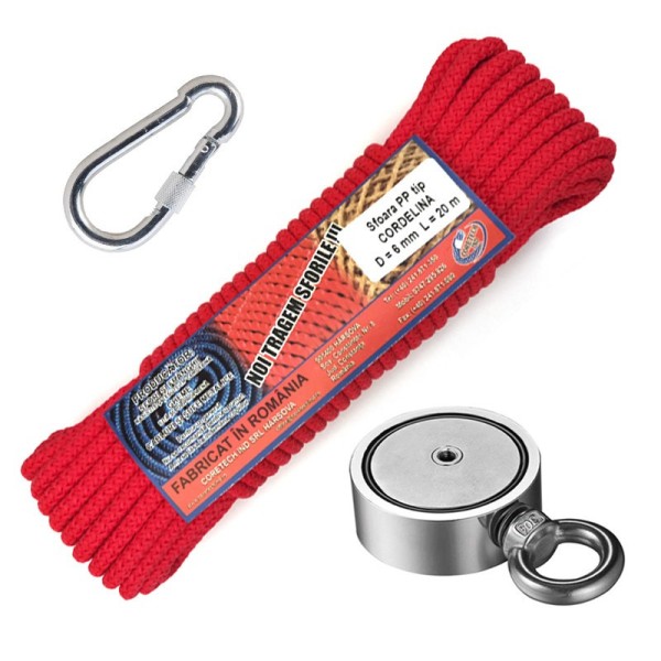 Set magnet fishing / pescuit: Oală D60 două fețe + funie 6mm + carabină cu etichetă