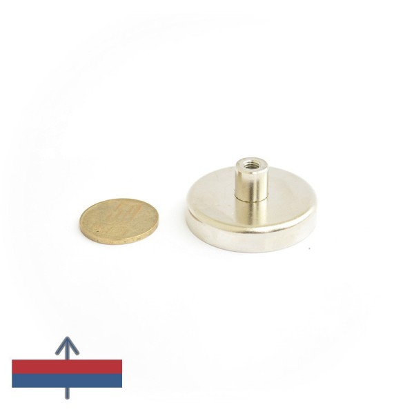 Magnet ferită oală D 40 mm cu gât filetat la interior magnetizare și moneda de 50 bani
