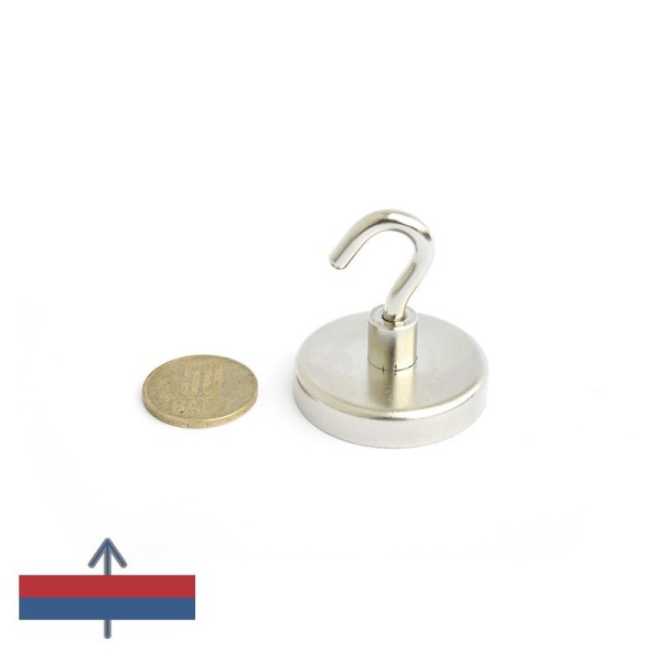 Magnet ferită oală D 50 mm cu cârlig deschis magnetizare și moneda de 50 bani