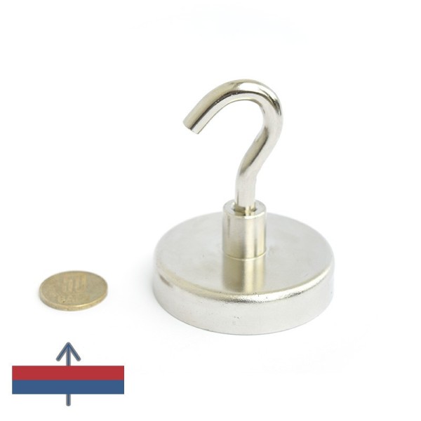 Magnet ferită oală D 63 mm cu cârlig magnetizare și moneda de 50 bani