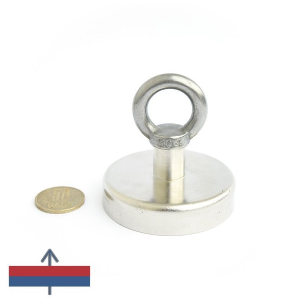 Magnet ferită oală D 63 mm cu cârlig inelar magnetizare și moneda de 50 bani