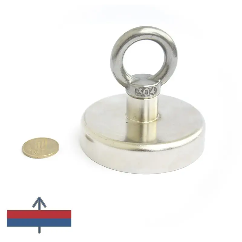 Magnet ferită oală D 80 mm cu cârlig inelar magnetizare și moneda de 50 bani