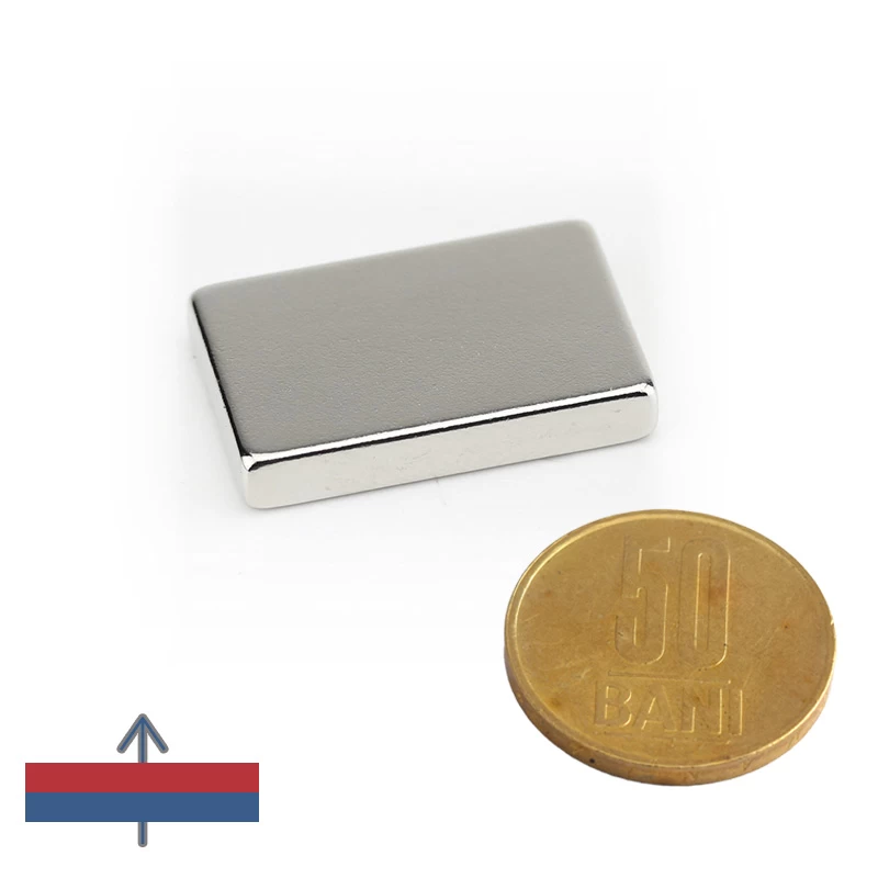 Magnet neodim bloc 30 x 20 x 5 mm cu moneda de 50 bani și magnetizare