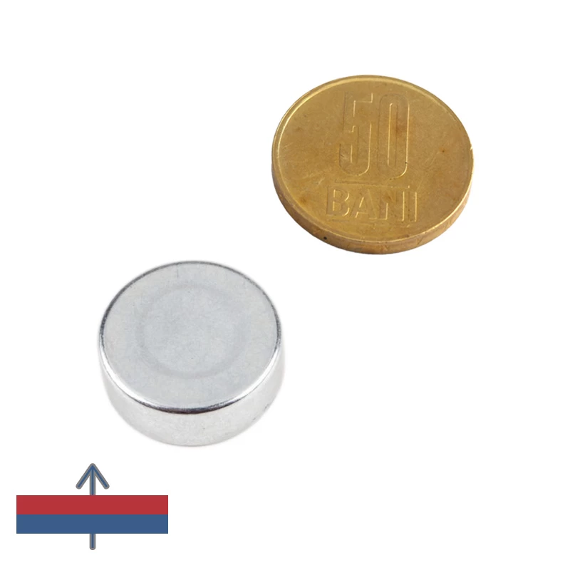 Magnet neodim disc 22 x 8 mm de sus cu moneda de 50 bani