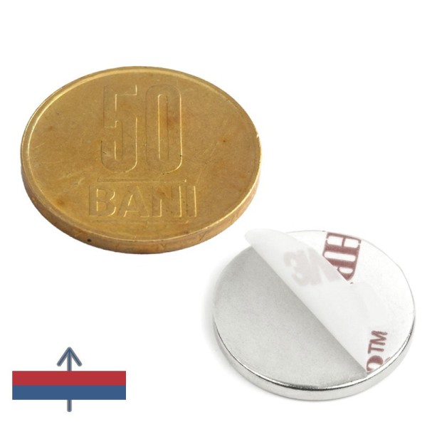 Неодимов магнит диск 20 x 2 мм със самозалепваща се основа, с монета 50 стотинки и намагнитване