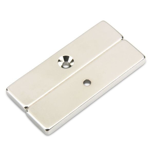 Magnet neodim bloc 60 x 15 x 5 mm cu gaură cu șanfren două bucăți