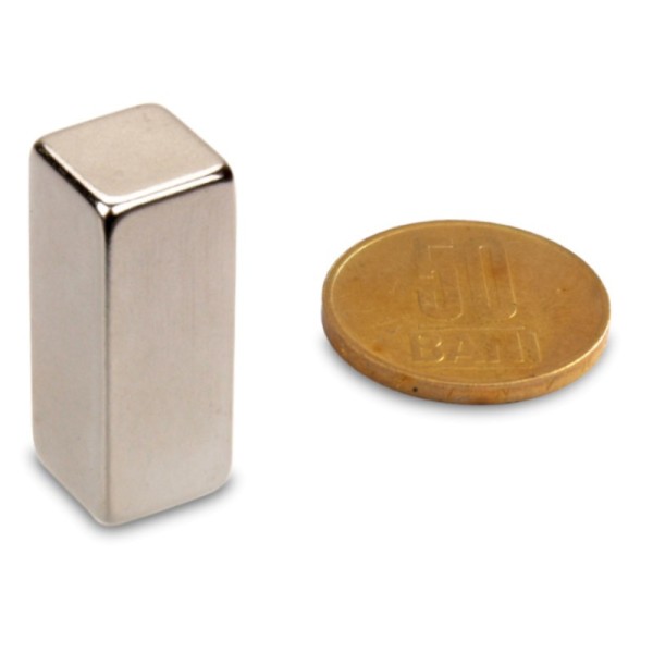 Magnet neodim bloc 30 x 12 x 12 mm vertical cu moneda de 50 bani