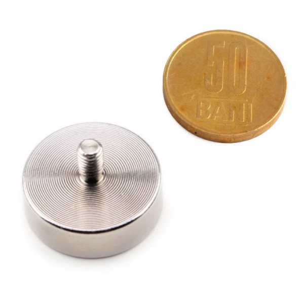 Magnet neodim oală D 25 mm filet exterior - cu moneda de 50 bani