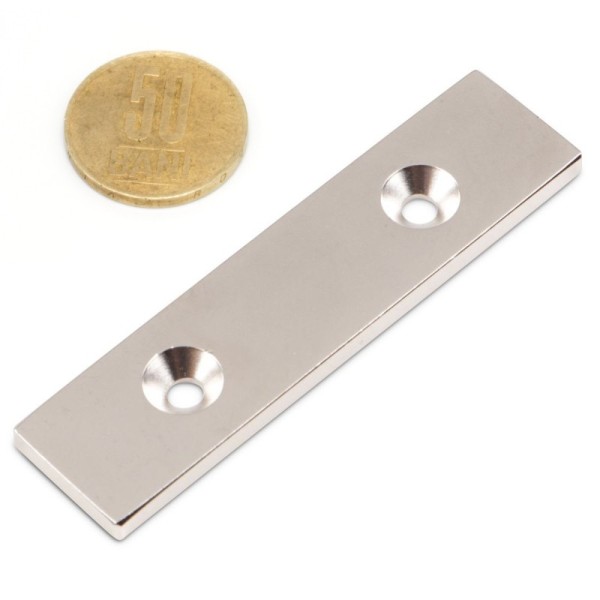 Неодимов магнит блок 80 x 20 x 4 мм с потопени дупки D4,5 / D9,46 мм с монета 50 стотинки
