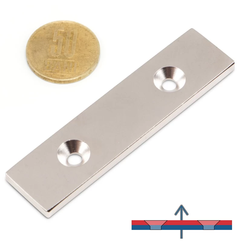 Magnet neodim bloc 80 x 20 x 4 mm cu găuri îngropate D4,5 / D9,46 mm 50 bani și magnetizare
