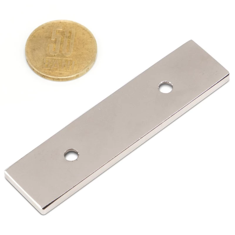 Magnet neodim bloc 80 x 20 x 4 mm cu găuri îngropate D4,5 / D9,46 mm verso 50 bani