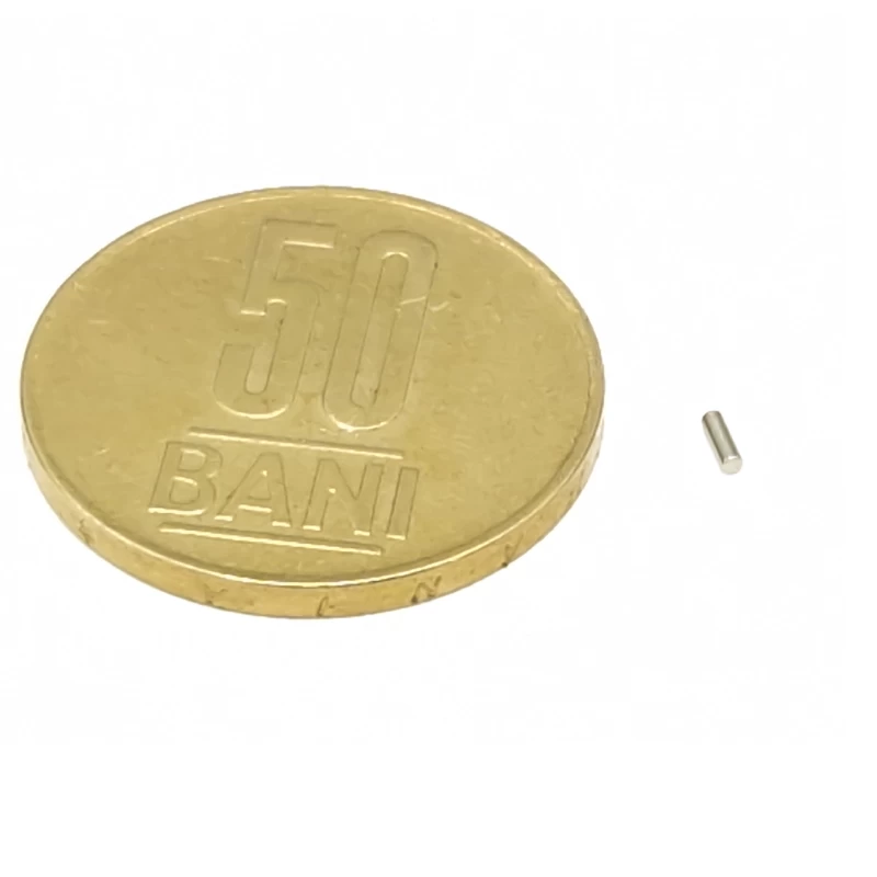 Magnet neodim cilindru 1 x 3 mm cu moneda de 50 bani