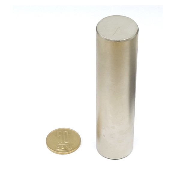 Magnet neodim cilindru 25 x 100 mm cu moneda de 50 bani