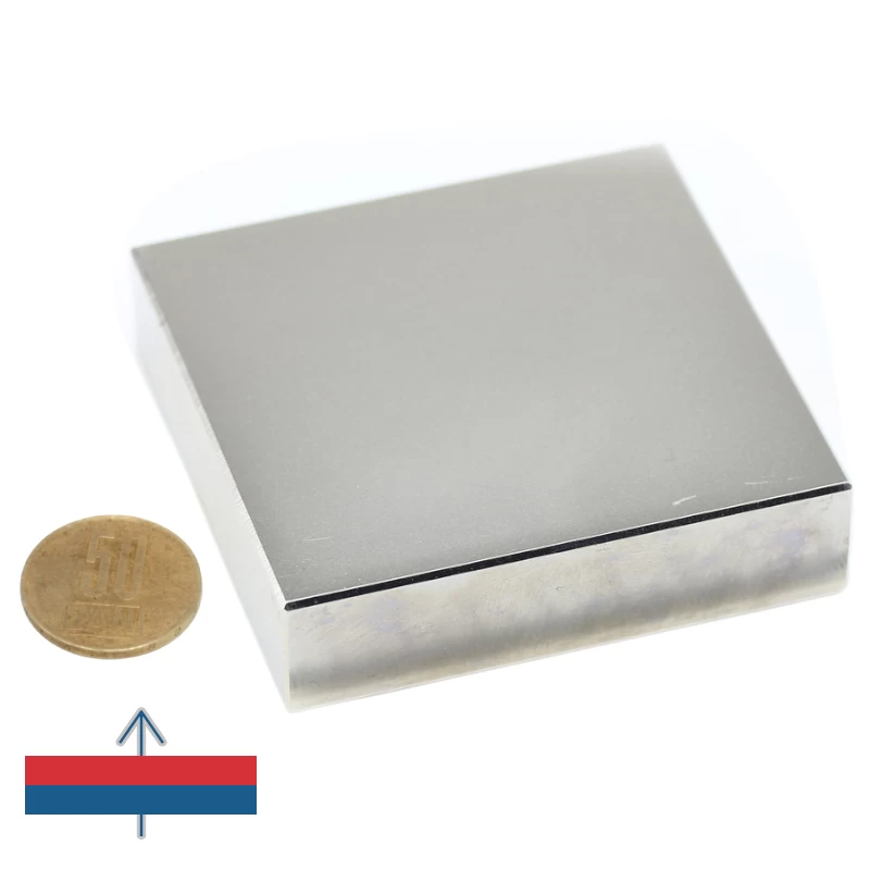 Magnet neodim bloc 80 x 80 x 20 mm N52 cu moneda de 50 bani și magnetizare