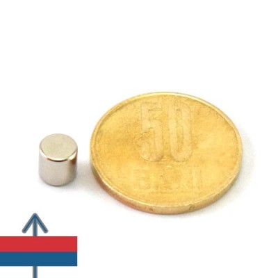 Magnet neodim cilindru / disc 4 x 4 mm cu moneda de 50 bani si magnetizare