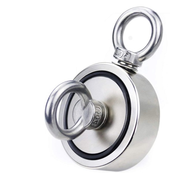 Magnet neodim oală D 48 mm cu două cârlige inelare și două fețe x 70 kg - magnet fishing