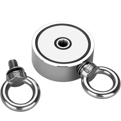 Magnet neodim oală D 48 mm cu două cârlige inelare și două fețe x 70 kg - magnet fishing carlig demontat