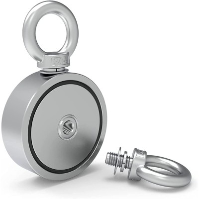 Magnet neodim oală D 48 mm cu două cârlige inelare și două fețe x 70 kg - magnet fishing demontat