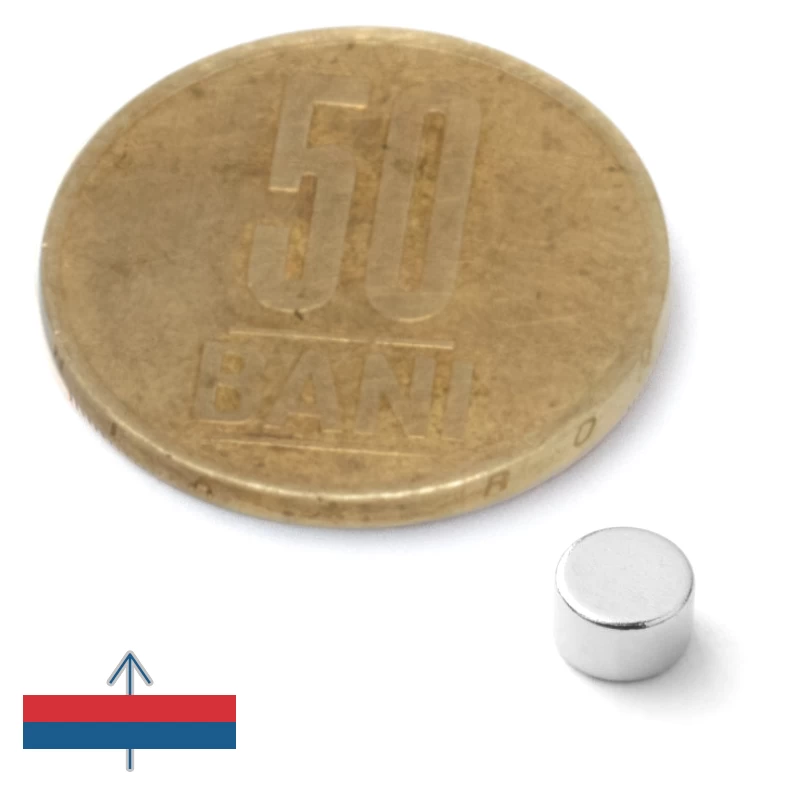 Magnet neodim disc 5 x 3 mm N52 cu magnetizare și moneda 50 bani