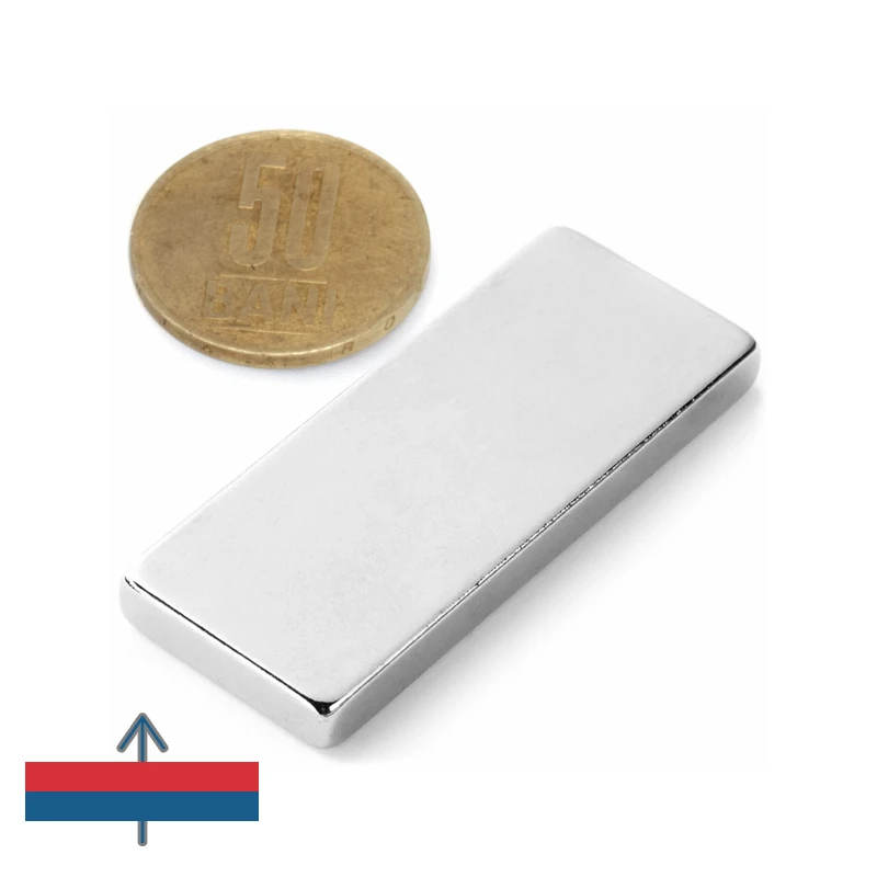 Magnet neodim bloc 50 x 20 x 5 mm N52 cu magnetizare și moneda de 50 bani