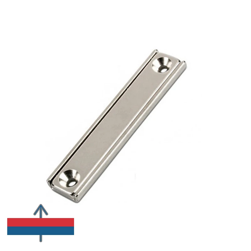 Magnet neodim bloc 60 x 13,5 x 5 mm, tip oală, dreptunghiular, cu 2 găuri D 3,3 și șanfren D 6,5 cu magnetizare