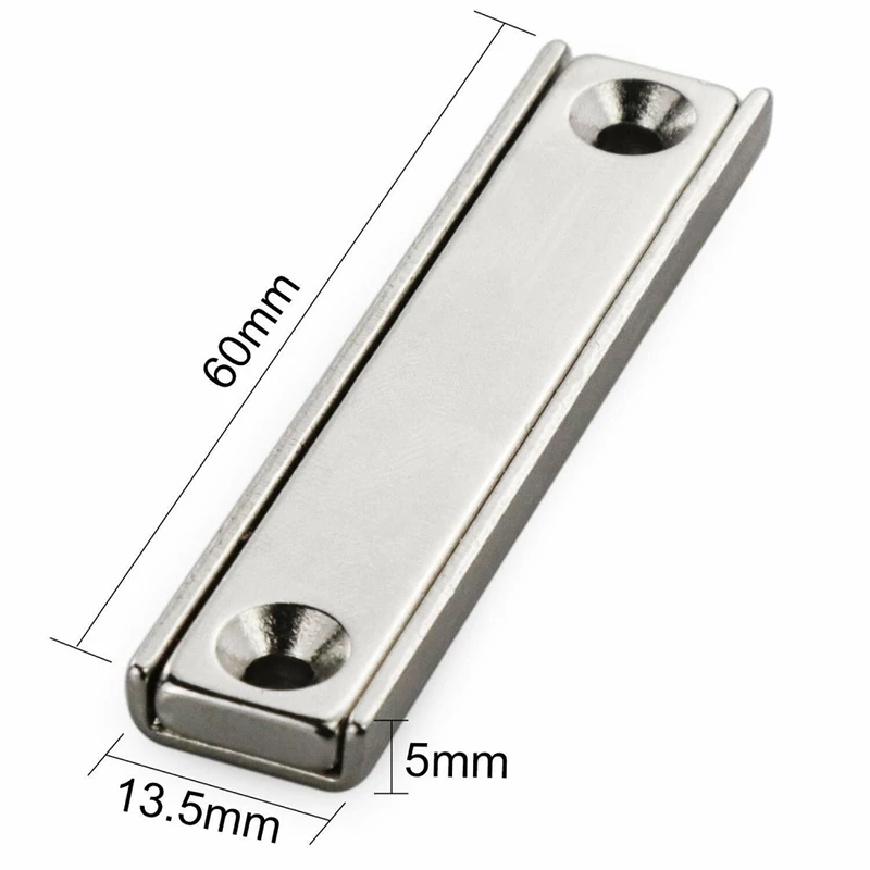 Magnet neodim bloc 60 x 13,5 x 5 mm, tip oală, dreptunghiular, cu 2 găuri D 3,3 și șanfren D 6,5 cu dimensiuni