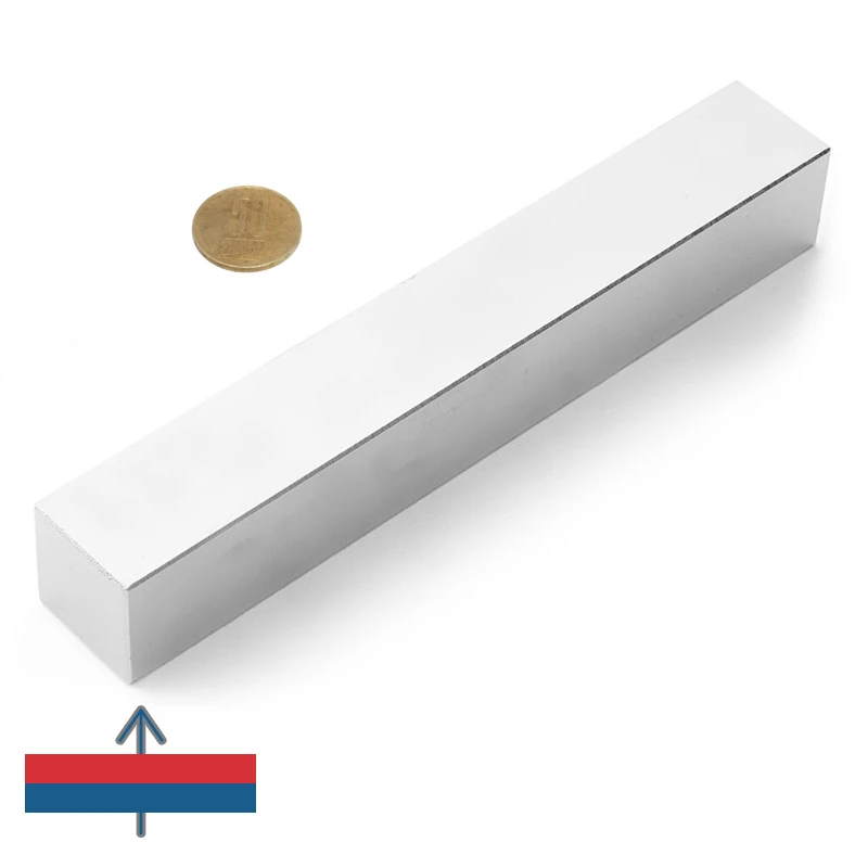 Magnet neodim bloc 200 x 30 x 30 mm cu magnetizare și moneda de 50 bani